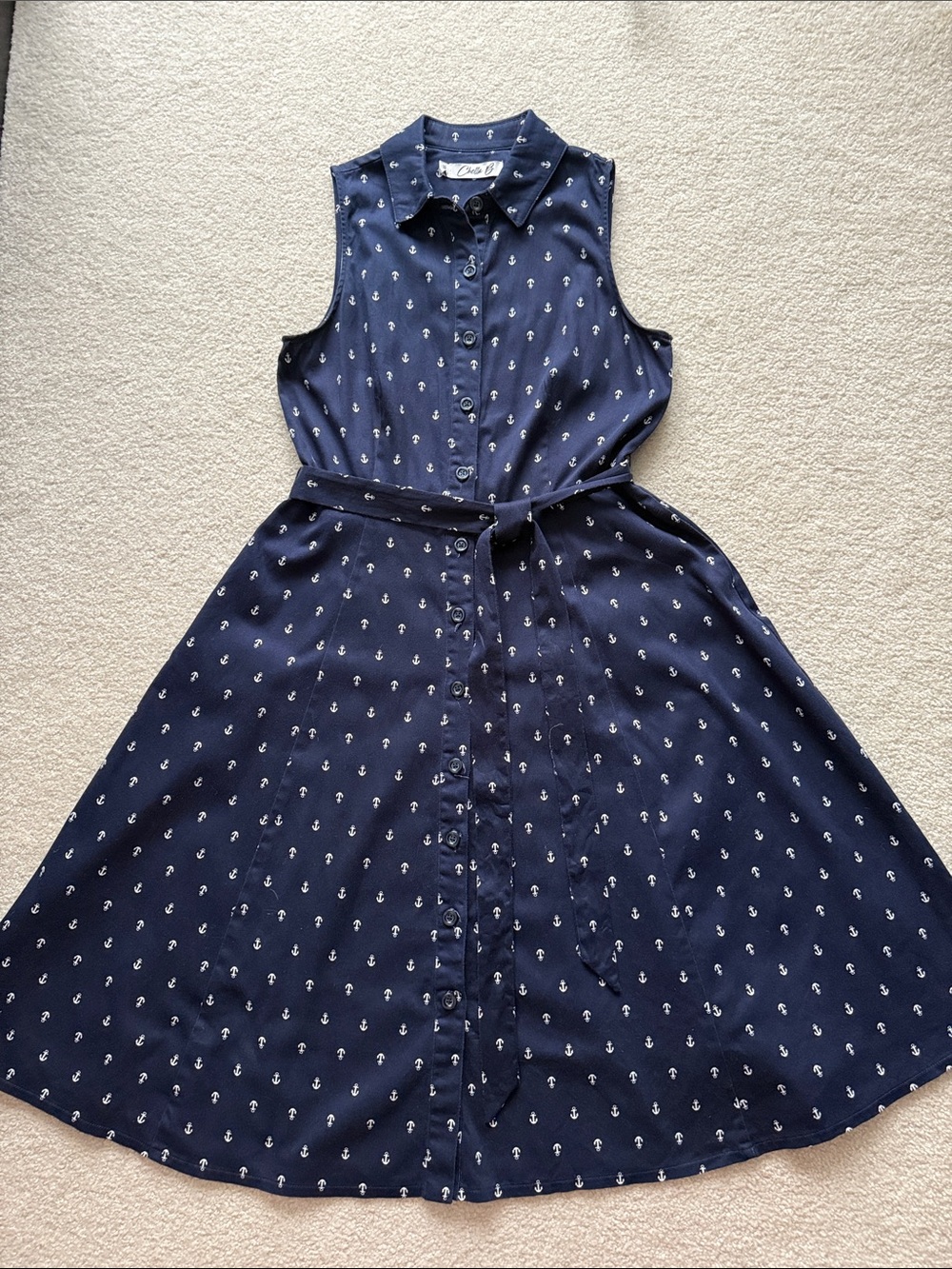 Chetta B Navy Sleeveless Anchor-Print Midi Shirt Dress